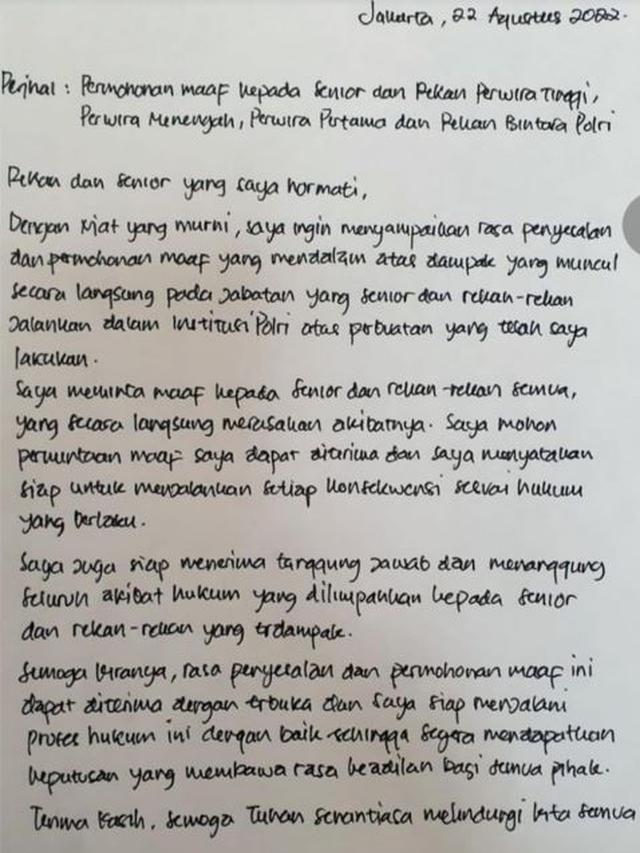 Lengkap! Ini Isi Surat Permohonan Maaf Ferdy Sambo, Akui Demi Bela