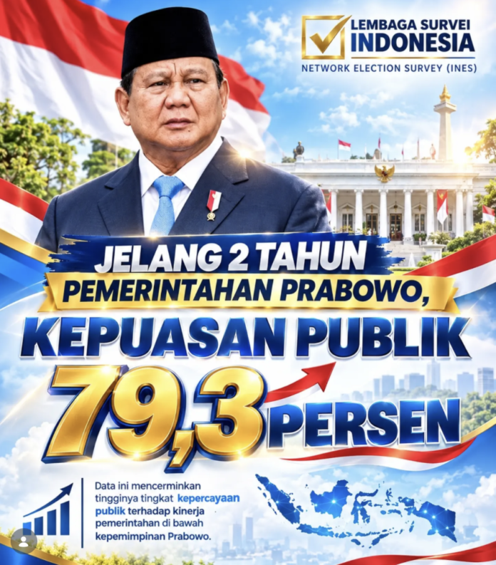 Indonesia Network Election Survey (INES) mencatat kepuasan publik terhadap kepemimpinan Prabowo mencapai 79,3 persen